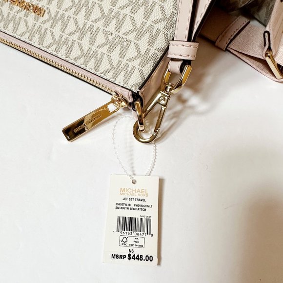 Michael Kors Jet Set Travel Small Crossbody Bag Tech Attached MK Vanilla Pink - Picture 12 of 13
